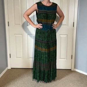 Vintage Carole Little maxi dress green patterned button back size 16